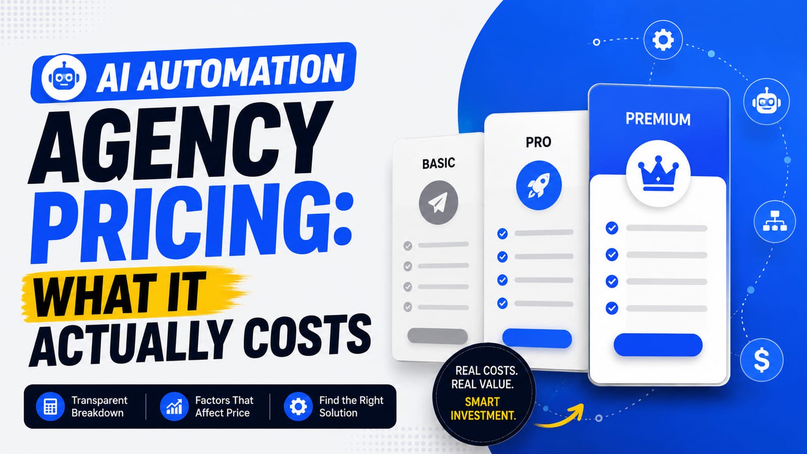 Three AI automation agency pricing tiers shown side by side as cards of increasing height, connected to a workflow diagram of linked automation nodes.