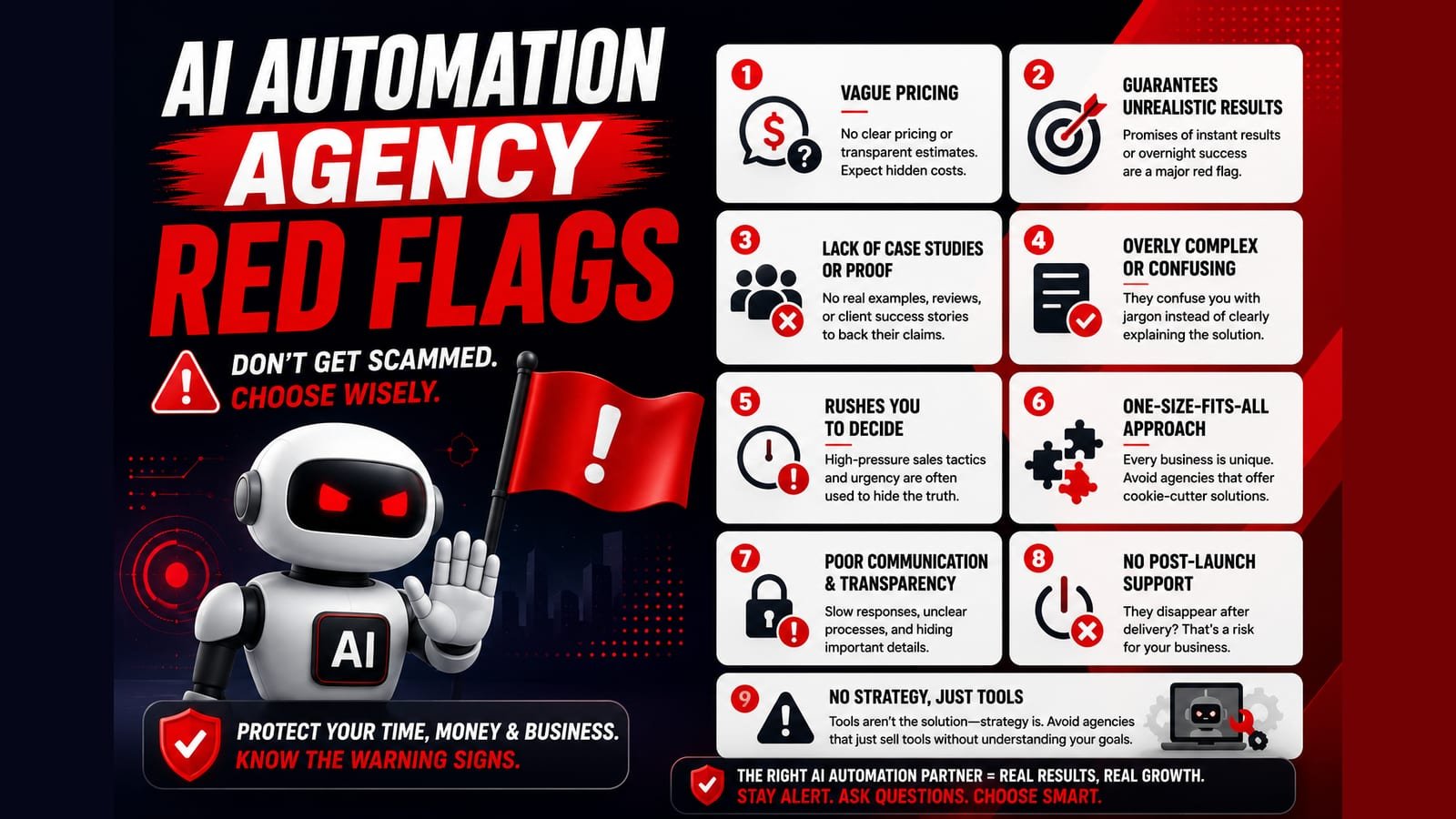 Infographic listing nine AI automation agency red flags: vague pricing, guaranteed unrealistic results, no case studies, jargon instead of explanation, high-pressure sales, a one-size-fits-all approach, poor communication, no post-launch support, and tools sold without strategy.