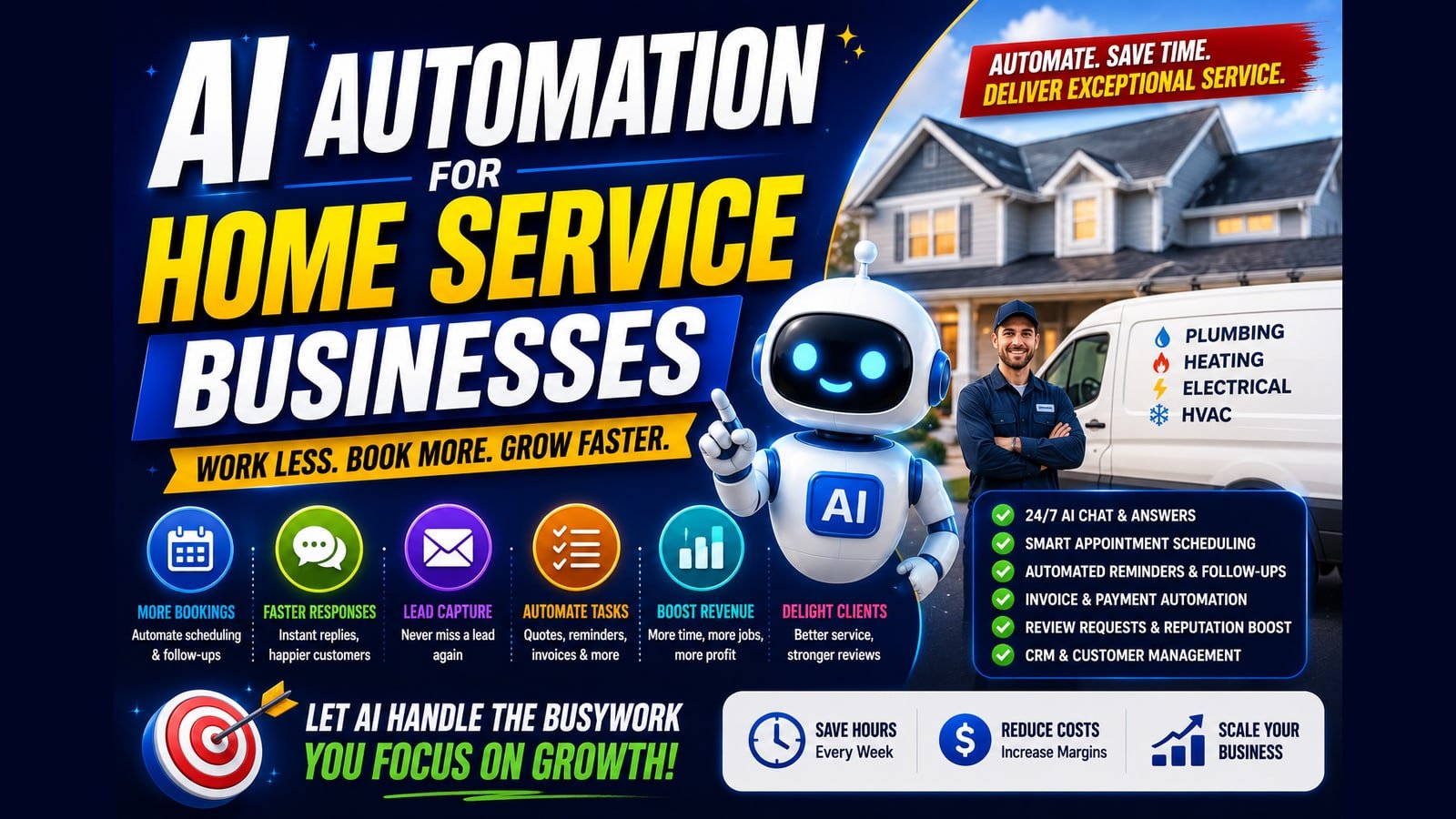 An AI robot standing beside a technician and a service van outside a house, labelled plumbing, heating, electrical and HVAC, with icons for more bookings, faster responses, lead capture, task automation, revenue and client experience, next to a checklist covering 24/7 chat, appointment scheduling, reminders and follow-ups, invoicing, review requests and CRM.