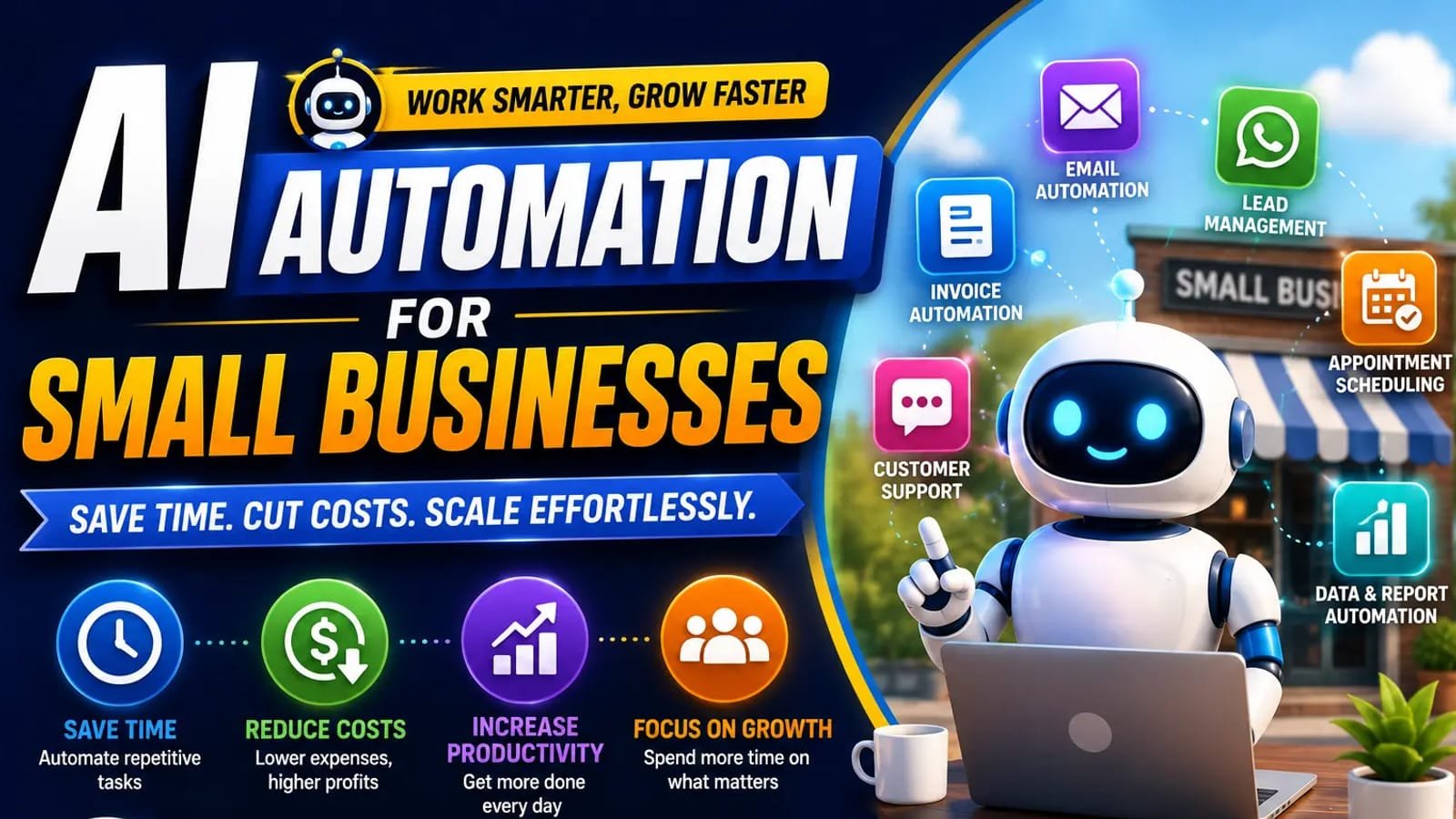 A robot working at a laptop outside a small shopfront, surrounded by icons for email automation, lead management, invoice automation, customer support, appointment scheduling and data and report automation, above four benefits: save time, reduce costs, increase productivity and focus on growth.
