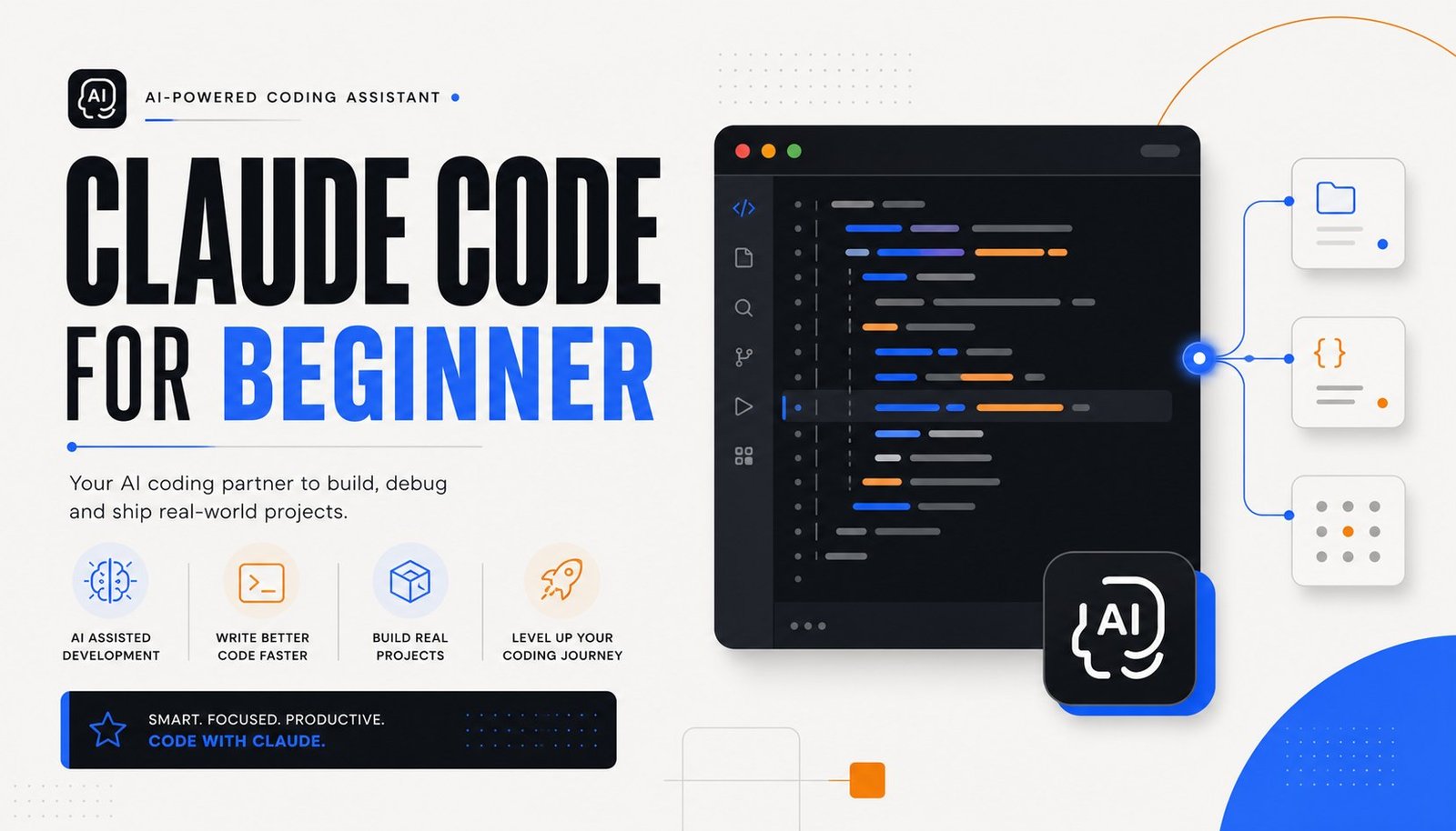 A code editor window linked to file, configuration, and data panels, illustrating how Claude Code works across a project.